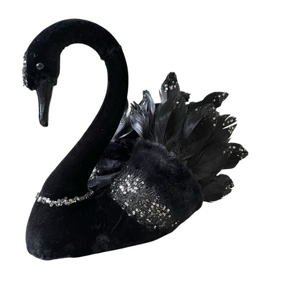 Bella Lux 14" Black Swan Figurine With Feathers & Sequins Chic Halloween Decor - Picture 15 of 16